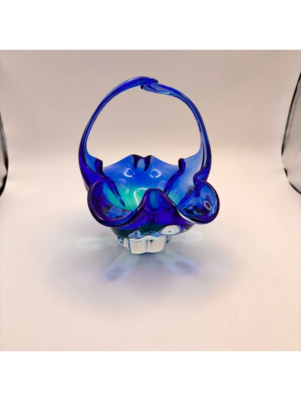 Vintage Cobalt Blue Hand-Blown Art Glass Basket Ruffled Rim Murano Style